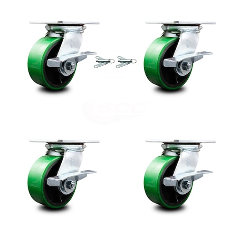 Service Caster 5 Inch Poly on Cast Iron Caster Set with Roller Bearing 4 Brake 2 Swivel Lock SCC-35S520-PUR-GB-SLB-BSL-2-SLB-2